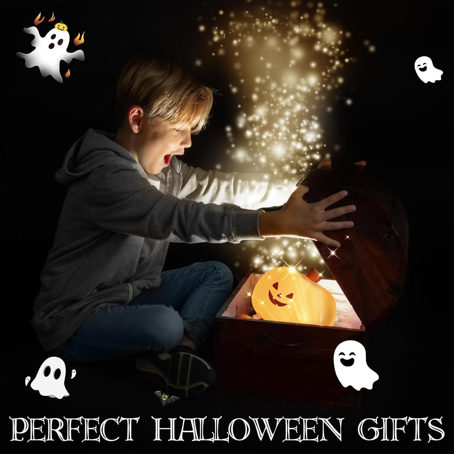 Child opening a Halloween gift box with a glowing pumpkin inside